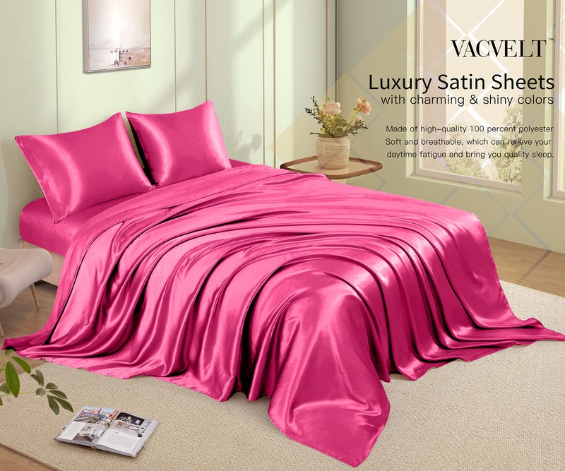 VACVELT 4pcs Hot Pink Satin Sheets Queen Size Bed Set  15 Inch Deep Pocket Silky Satin Sheet Set  Soft Satin Bedding Set Cooling & Luxury Bed Sheets  1 Fitted Sheet + 1 Flat Sheet + 2 Pillowcases - Image 3